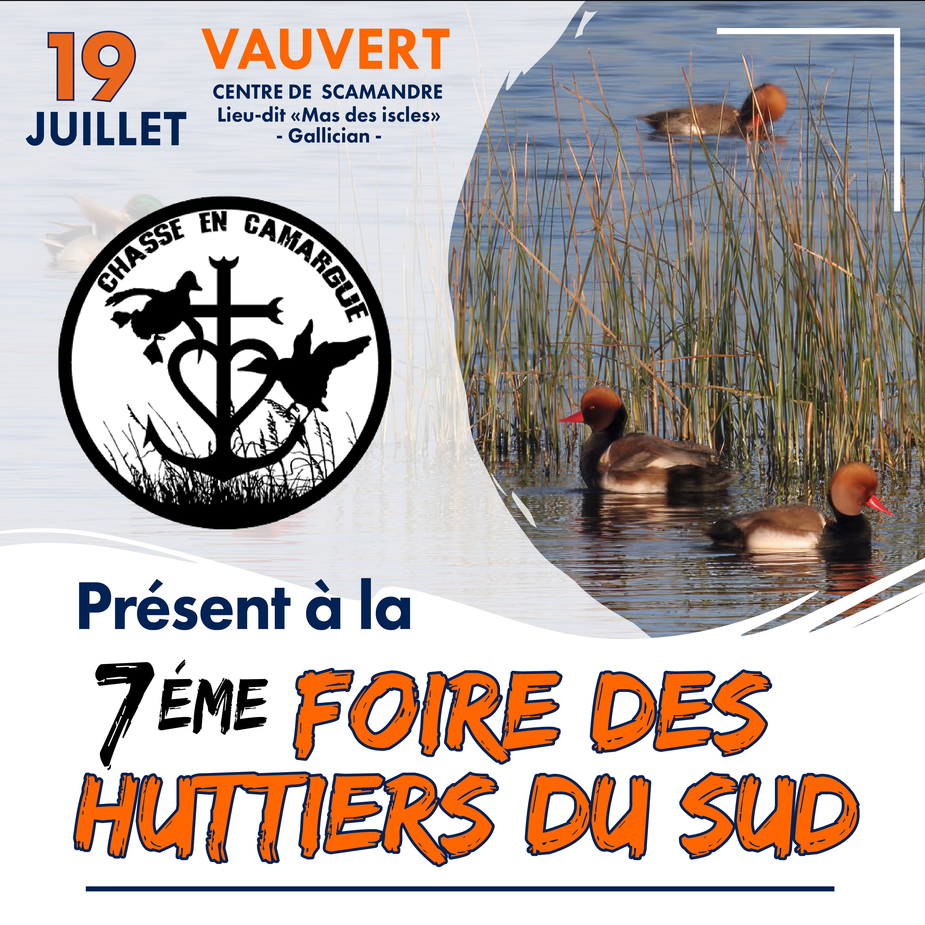 Photo by La foire des huttiers du sud on July 15, 2026. May be an image of grebe, duck, poster and text that says '19 VAUVERT CENTRE CENTREDESCAMANDRE DE SCAMANDRE JUILLET Lieu-dit Lieu -dit Mase des iscl iscles» Gallician CHASSE ホ ទមរើម្ម្ម EN Présent à la 7ÉME FOIRE DES HUITTIERS DU SUD'.